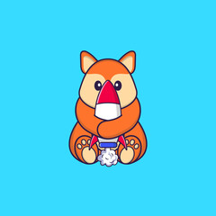 Fototapeta premium Cute fox holding a rocket. Animal cartoon concept isolated. Can used for t-shirt, greeting card, invitation card or mascot. Flat Cartoon Style