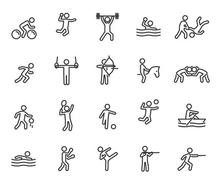 Vector set of sports line icons. Contains icons weightlifting, basketball, taekwondo, handball, judo, fencing, volleyball, cycling, wrestling and more. Pixel perfect.