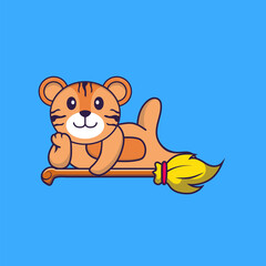 Cute tiger lying on Magic Broom. Animal cartoon concept isolated. Can used for t-shirt, greeting card, invitation card or mascot. Flat Cartoon Style
