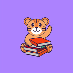 Cute tiger reading a book. Animal cartoon concept isolated. Can used for t-shirt, greeting card, invitation card or mascot. flat cartoon style