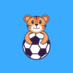 Cute tiger playing soccer. Animal cartoon concept isolated. Can used for t-shirt, greeting card, invitation card or mascot. Flat Cartoon Style