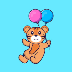 Cute tiger flying with two balloons. Animal cartoon concept isolated. Can used for t-shirt, greeting card, invitation card or mascot. Flat Cartoon Style