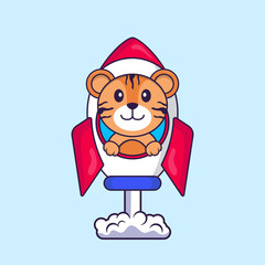 Cute tiger flying on rocket. Animal cartoon concept isolated. Can used for t-shirt, greeting card, invitation card or mascot. Flat Cartoon Style