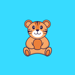 Cute tiger is sitting. Animal cartoon concept isolated. Can used for t-shirt, greeting card, invitation card or mascot. Flat Cartoon Style