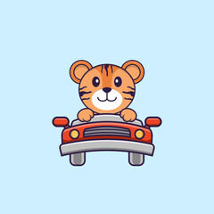 Cute tiger is driving. Animal cartoon concept isolated. Can used for t-shirt, greeting card, invitation card or mascot. Flat Cartoon Style