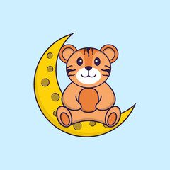 Cute tiger is sitting on the moon. Animal cartoon concept isolated. Can used for t-shirt, greeting card, invitation card or mascot. Flat Cartoon Style