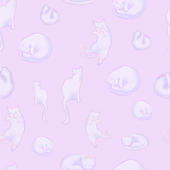 Seamless pattern with soft cute pastel cats on purple background