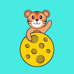 Cute tiger is on the moon. Animal cartoon concept isolated. Can used for t-shirt, greeting card, invitation card or mascot. Flat Cartoon Style