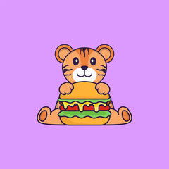 Cute tiger eating burger. Animal cartoon concept isolated. Can used for t-shirt, greeting card, invitation card or mascot. Flat Cartoon Style