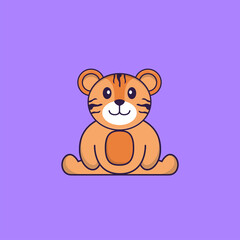 Cute tiger is sitting. Animal cartoon concept isolated. Can used for t-shirt, greeting card, invitation card or mascot. Flat Cartoon Style
