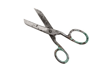 Large old metal scissors isolated on a white background. Old metal scissors with a shabby grunge...