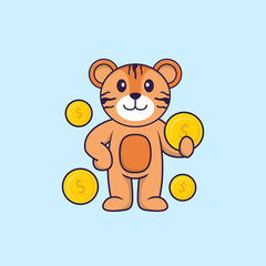 Cute tiger holding coin. Animal cartoon concept isolated. Can used for t-shirt, greeting card, invitation card or mascot. Flat Cartoon Style