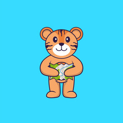 Cute tiger holding a map. Animal cartoon concept isolated. Can used for t-shirt, greeting card, invitation card or mascot. Flat Cartoon Style
