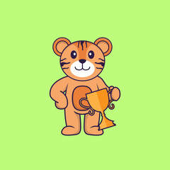 Cute tiger holding gold trophy. Animal cartoon concept isolated. Can used for t-shirt, greeting card, invitation card or mascot. Flat Cartoon Style