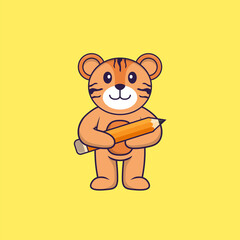 Cute tiger holding a pencil. Animal cartoon concept isolated. Can used for t-shirt, greeting card, invitation card or mascot. Flat Cartoon Style