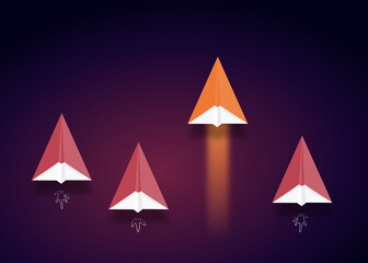 Group of paper planes launch. Orange paper plane most faster then others planes or rockets Business competition, start-up, boost or success concept
