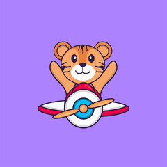 Cute tiger flying on a plane. Animal cartoon concept isolated. Can used for t-shirt, greeting card, invitation card or mascot. Flat Cartoon Style