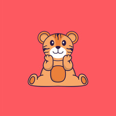 Cute tiger is sitting. Animal cartoon concept isolated. Can used for t-shirt, greeting card, invitation card or mascot. Flat Cartoon Style