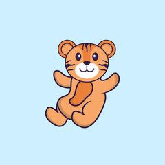 Cute tiger is flying. Animal cartoon concept isolated. Can used for t-shirt, greeting card, invitation card or mascot. Flat Cartoon Style