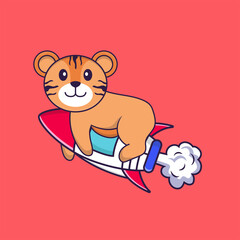 Cute tiger flying on rocket. Animal cartoon concept isolated. Can used for t-shirt, greeting card, invitation card or mascot. Flat Cartoon Style
