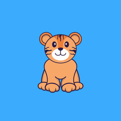 Cute tiger is sitting. Animal cartoon concept isolated. Can used for t-shirt, greeting card, invitation card or mascot. Flat Cartoon Style
