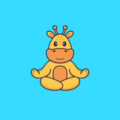 Cute giraffe is meditating or doing yoga. Animal cartoon concept isolated. Can used for t-shirt, greeting card, invitation card or mascot. Flat Cartoon Style