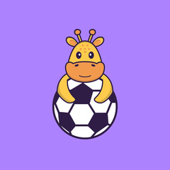 Cute giraffe playing soccer. Animal cartoon concept isolated. Can used for t-shirt, greeting card, invitation card or mascot. Flat Cartoon Style