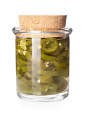 Glass jar with canned jalapeno on white background