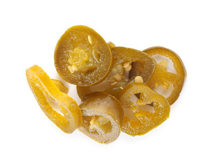 Pile of canned jalapeno on white background