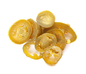 Pile of canned jalapeno on white background