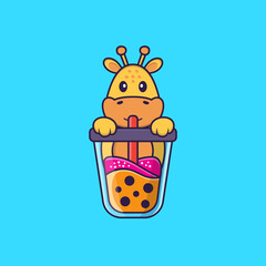 Cute giraffe Drinking Boba milk tea. Animal cartoon concept isolated. Can used for t-shirt, greeting card, invitation card or mascot. Flat Cartoon Style
