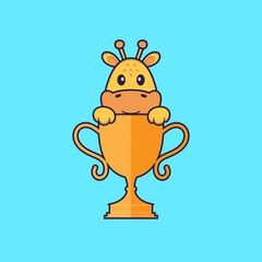 Cute giraffe with gold trophy. Animal cartoon concept isolated. Can used for t-shirt, greeting card, invitation card or mascot. Flat Cartoon Style © Turn