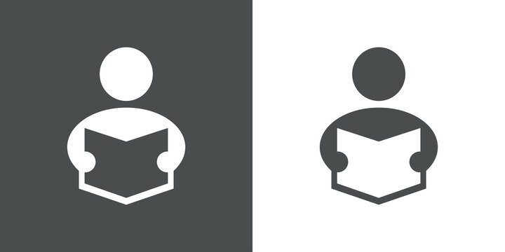 S&iacute;mbolo biblioteca. Icono silueta de hombre leyendo un libro en fondo gris y fondo blanco