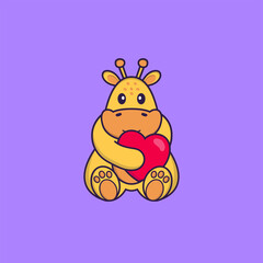 Cute giraffe holding a big red heart. Animal cartoon concept isolated. Can used for t-shirt, greeting card, invitation card or mascot. Flat Cartoon Style