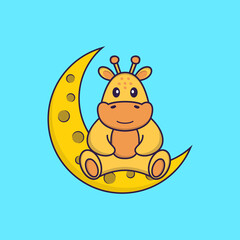 Cute giraffe is sitting on the moon. Animal cartoon concept isolated. Can used for t-shirt, greeting card, invitation card or mascot. Flat Cartoon Style