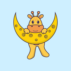 Cute giraffe is on the moon. Animal cartoon concept isolated. Can used for t-shirt, greeting card, invitation card or mascot. Flat Cartoon Style