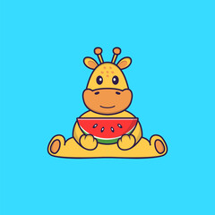 Cute giraffe eating watermelon. Animal cartoon concept isolated. Can used for t-shirt, greeting card, invitation card or mascot. Flat Cartoon Style