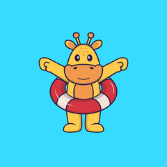 Cute giraffe using a float. Animal cartoon concept isolated. Can used for t-shirt, greeting card, invitation card or mascot. Flat Cartoon Style