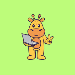 Cute giraffe holding laptop. Animal cartoon concept isolated. Can used for t-shirt, greeting card, invitation card or mascot. Flat Cartoon Style
