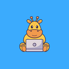 Cute giraffe using laptop. Animal cartoon concept isolated. Can used for t-shirt, greeting card, invitation card or mascot. Flat Cartoon Style