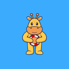 Cute giraffe holding a buoy. Animal cartoon concept isolated. Can used for t-shirt, greeting card, invitation card or mascot. Flat Cartoon Style