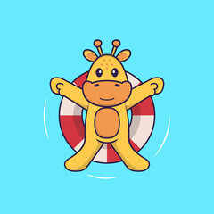 Cute giraffe is Swimming with a buoy. Animal cartoon concept isolated. Can used for t-shirt, greeting card, invitation card or mascot. Flat Cartoon Style