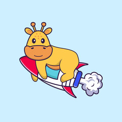 Cute giraffe flying on rocket. Animal cartoon concept isolated. Can used for t-shirt, greeting card, invitation card or mascot. Flat Cartoon Style