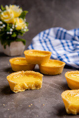 The egg tart  is a kind of custard tart found in Cantonese cuisine derived from the English custard tart and Portuguese pastel de nata. Egg tarts are often served at dim sum restaurants and cha chaan 