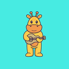 Cute giraffe playing guitar. Animal cartoon concept isolated. Can used for t-shirt, greeting card, invitation card or mascot. Flat Cartoon Style
