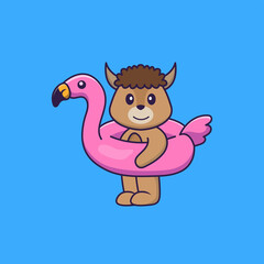 Cute sheep With flamingo buoy. Animal cartoon concept isolated. Can used for t-shirt, greeting card, invitation card or mascot. Flat Cartoon Style