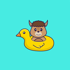 Cute sheep With Duck buoy. Animal cartoon concept isolated. Can used for t-shirt, greeting card, invitation card or mascot. Flat Cartoon Style