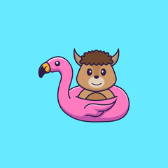 Cute sheep With flamingo buoy. Animal cartoon concept isolated. Can used for t-shirt, greeting card, invitation card or mascot. Flat Cartoon Style