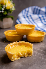 The egg tart  is a kind of custard tart found in Cantonese cuisine derived from the English custard tart and Portuguese pastel de nata. Egg tarts are often served at dim sum restaurants and cha chaan 