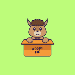 Cute sheep in box with a poster Adopt me. Animal cartoon concept isolated. Can used for t-shirt, greeting card, invitation card or mascot. Flat Cartoon Style